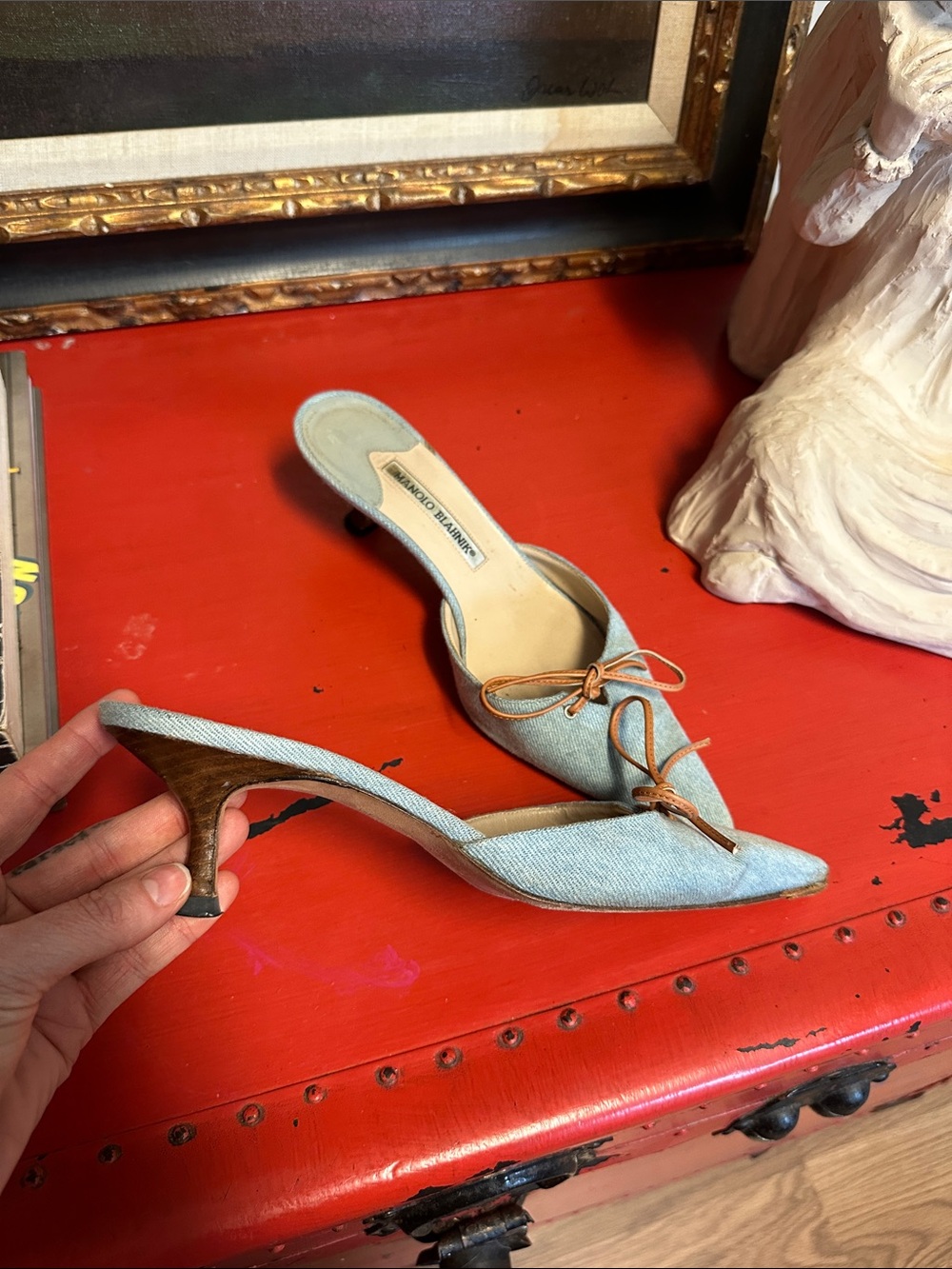 Manolo Blahnik Vintage Light Blue Denim Pointed Toe Mules with Brown Leather Bow - Picture 3 of 8